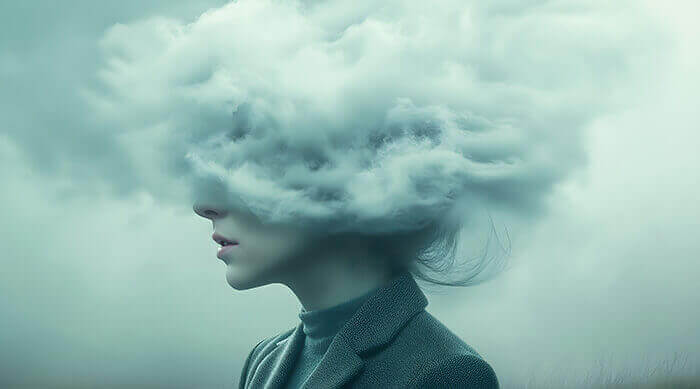 femme avec la tête dans un nuage de brouillard