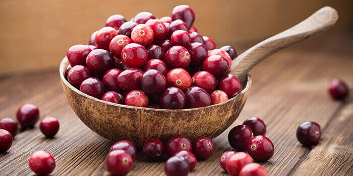 baies de canneberges présentées dans une cuillère en bois