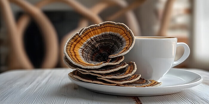 champignon queue de dinde à côté d'une tasse