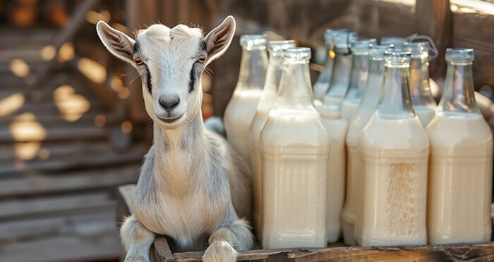 chèvre assise à côté de bouteille en verre remplies de lait de chèvre