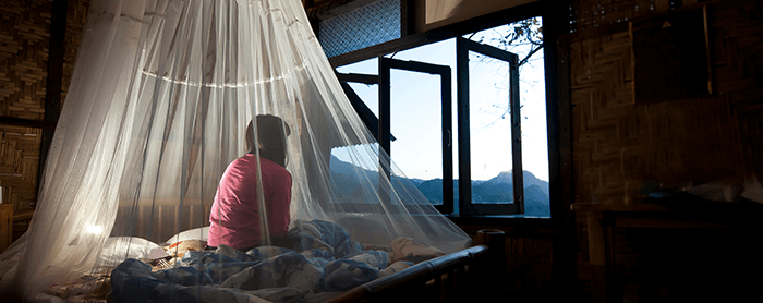 personne assise sur un lit sous une moustiquaire