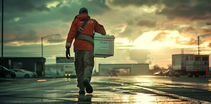 homme sur une esplanade d'hopital tenant une caisse refrigérée sous le bras dans le cadre d'un transfert d'organe