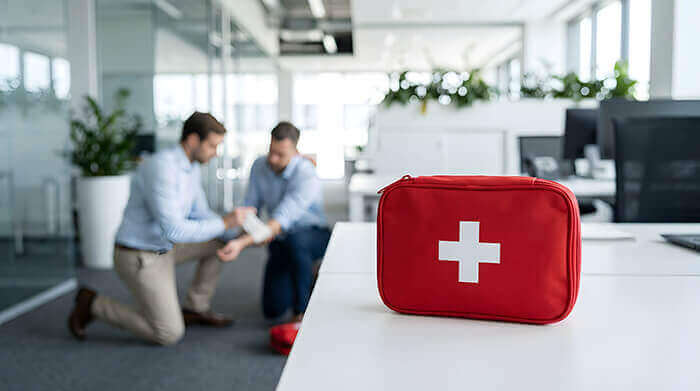 trousse se secours posée sur un bureau au premier plan d'un open space professionnel
