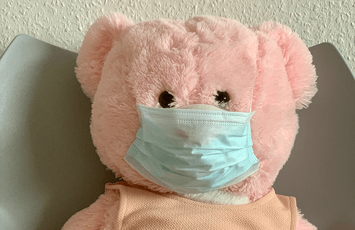 ours en peluche rose portant un masque